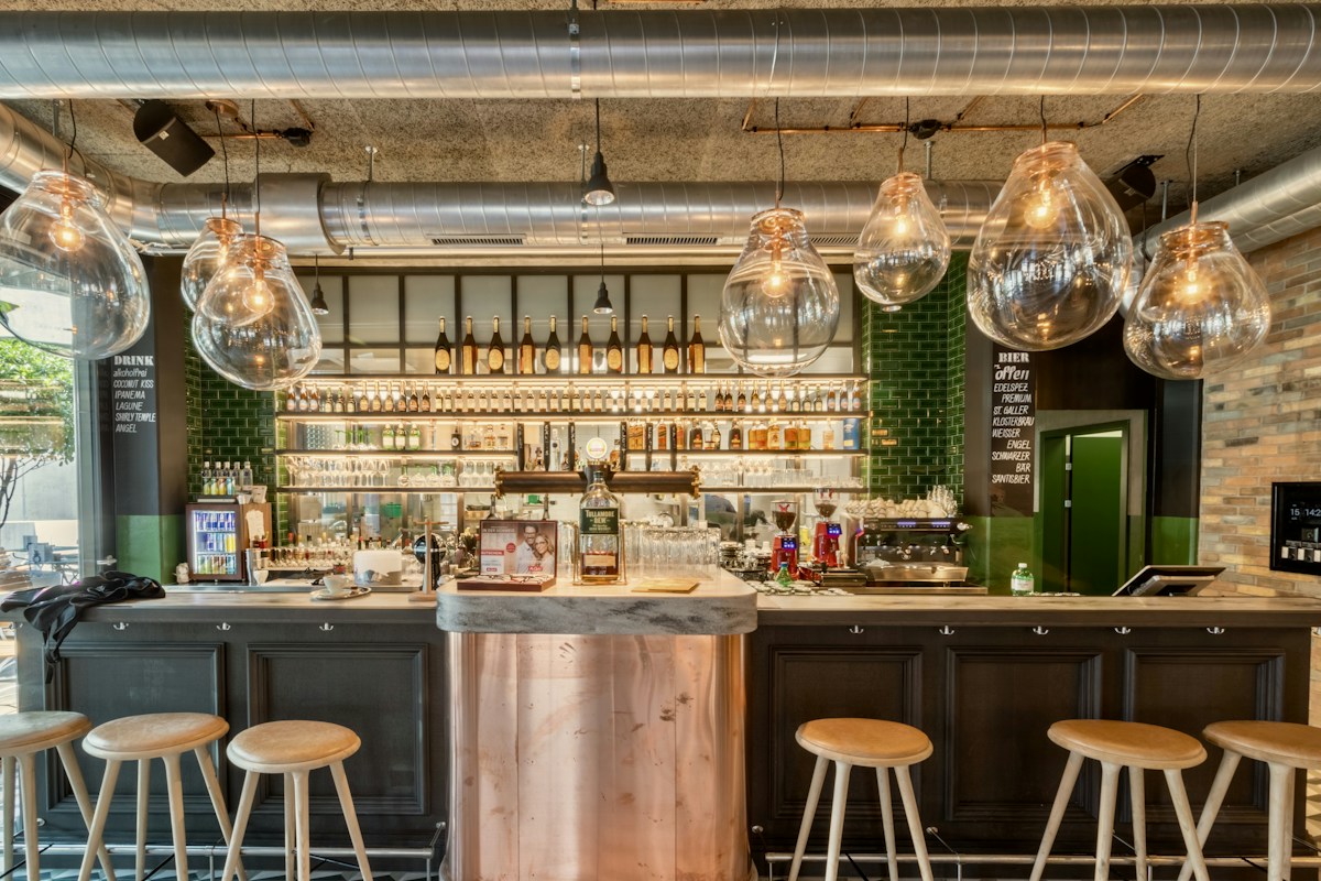 Stylish bar with warm pendant lighting